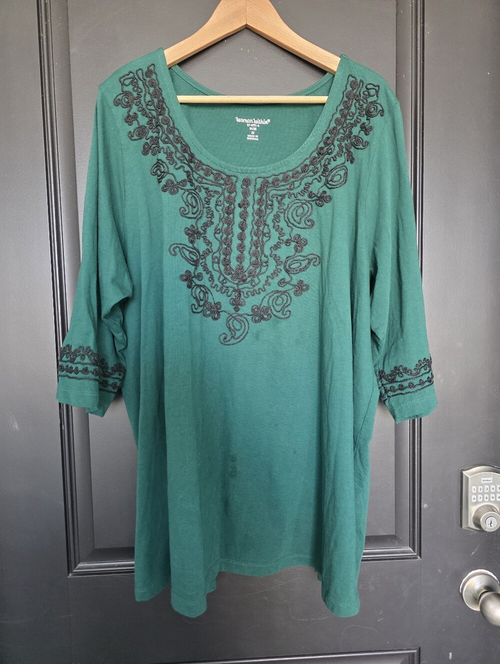 Woman Within 2X Emerald Green Embroidered Tunic Top Boho 3/4 Sleeve Plus Size
